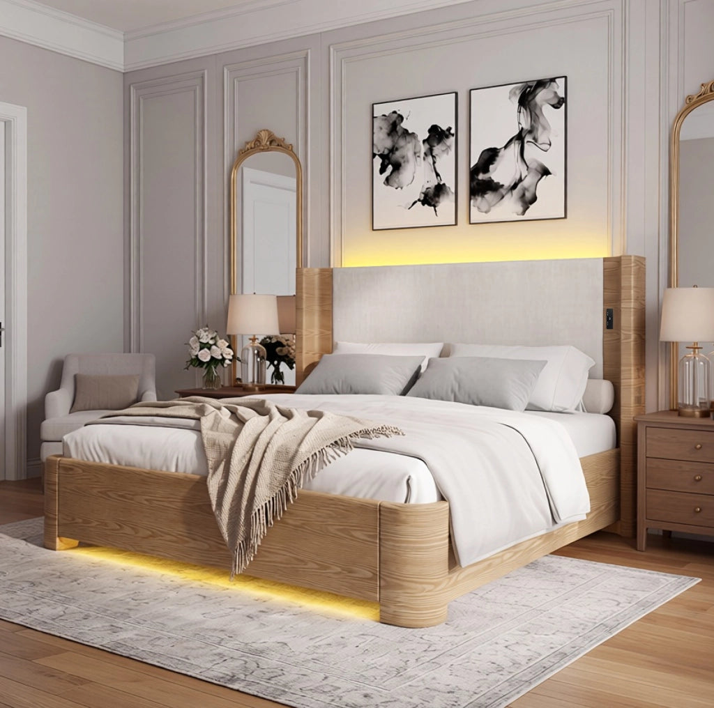 Letto contenitore 213.5x193.5x103.5 cm con illuminazione LED a 7 colori; velluto beige