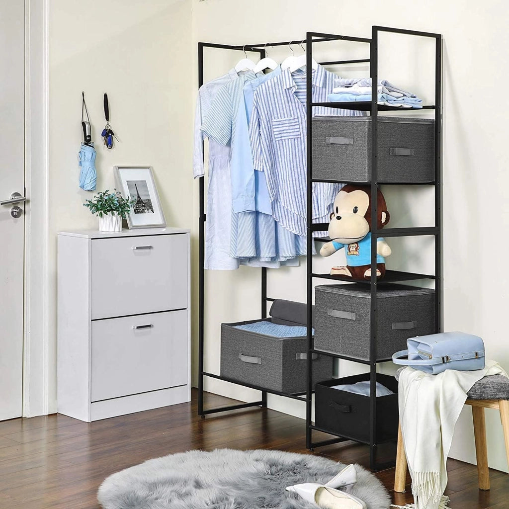 SONGMICS Set di 6 Scatole Portaoggetti con Coperchio, Contenitori Pieghevoli con Maniglie, Organizzatori per Vestiti e Giocattoli, Grigio RZB003G22