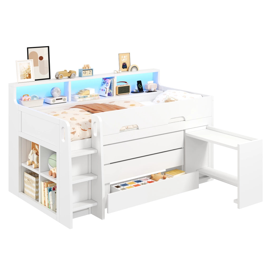 LETTO A SOPPALCO BASSO 90x200 cm bianco con scrivania mobile e 3 cassetti