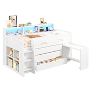 LETTO A SOPPALCO BASSO 90x200 cm bianco con scrivania mobile e 3 cassetti
