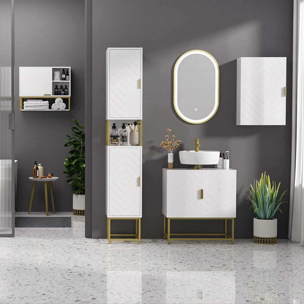 Mobiletto Sottolavabo con 2 Ante e Gambe Acciaio ¨C Minimal ¨C 60x30x65 cm Bianco Dorato