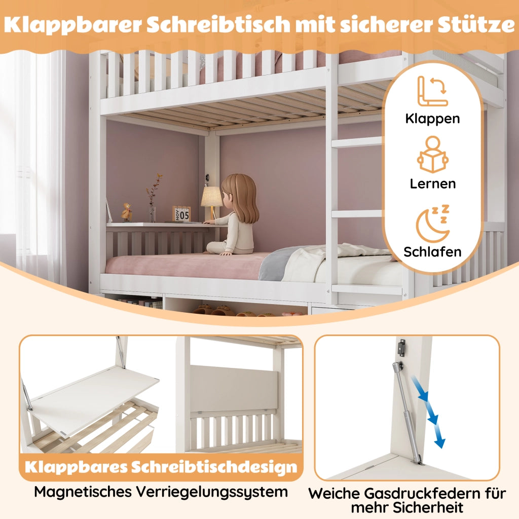Letto a castello per bambini 90 × 200 cm con tavolo pieghevole, scarpiera e armadi, senza materasso