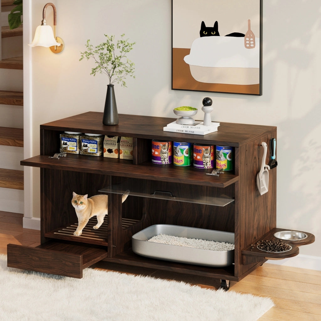 Mobile per lettiera per gatti 100x45.5x67 cm con cassetto e sportello in acrilico; noce