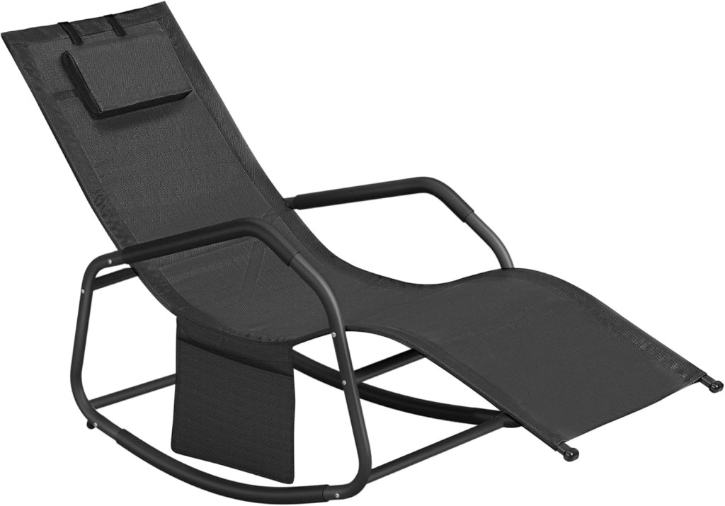 SONGMICS Sedia a Dondolo, Sedia a Sdraio con Fermi Antiribaltamento, Cuscino Regolabile, Telaio in Acciaio, Tessuto Respirante, Tasca Portaoggetti, 156,2 x 97,3 x 151 cm, Grigio Tortora GCB230G01