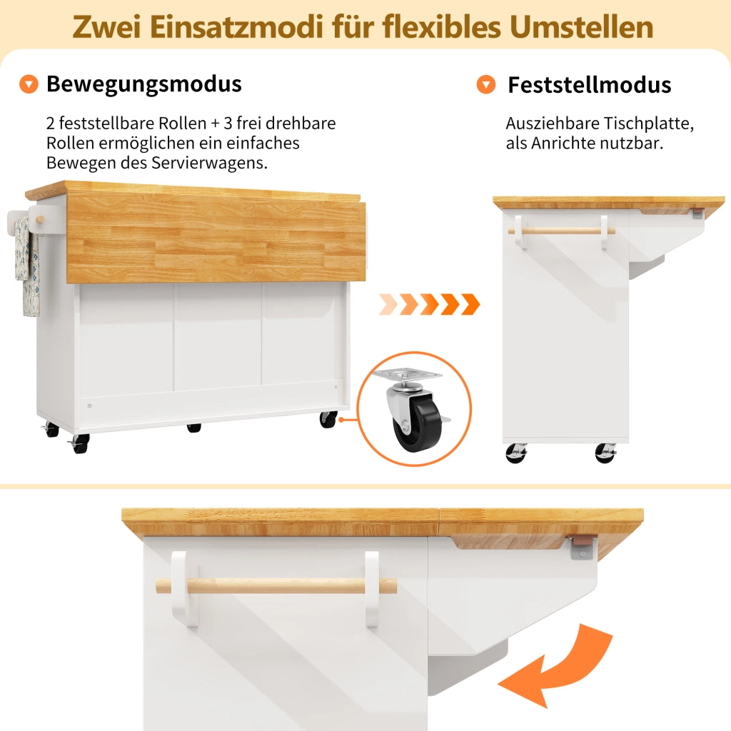 OKWISH Carrello da Cucina con Piano Pieghevole, 2 Ante e 5 Cassetti, Ruote, MDF e Metallo, Bianco