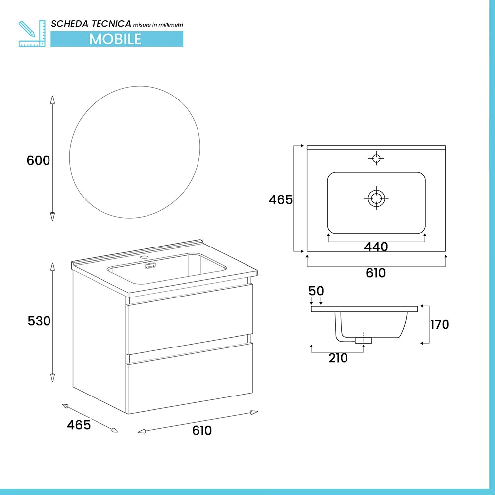 Mobile bagno sospeso 60cm in legno quercia naturale 2 cassettoni con lavabo e specchio Leda