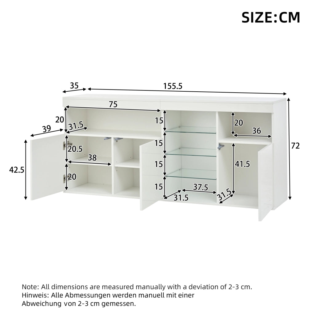 Credenza e madia con LED e 3 ante, 1 vano aperto e ripiani in vetro, per soggiorno, bianco, 155,5 × 35 × 72 cm