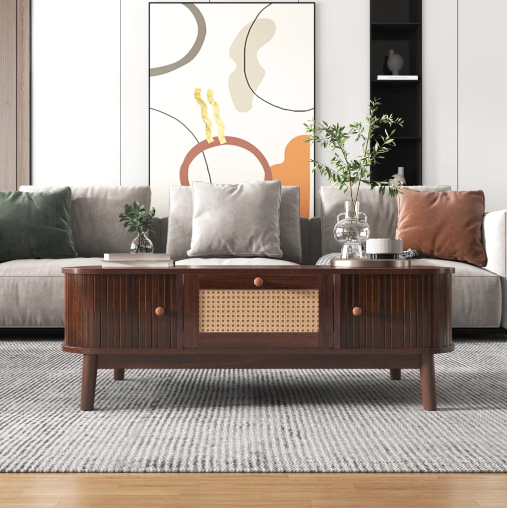 Tavolino da caffè 110 cm con rattan, ante scorrevoli e cassetti