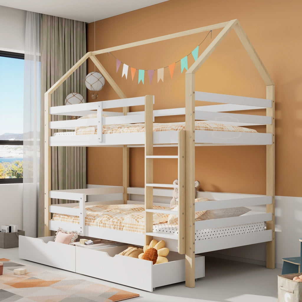 Letto a casetta per bambini 90x200 cm in legno di pino, con grandi cassetti e rete a doghe, bianco e rovere