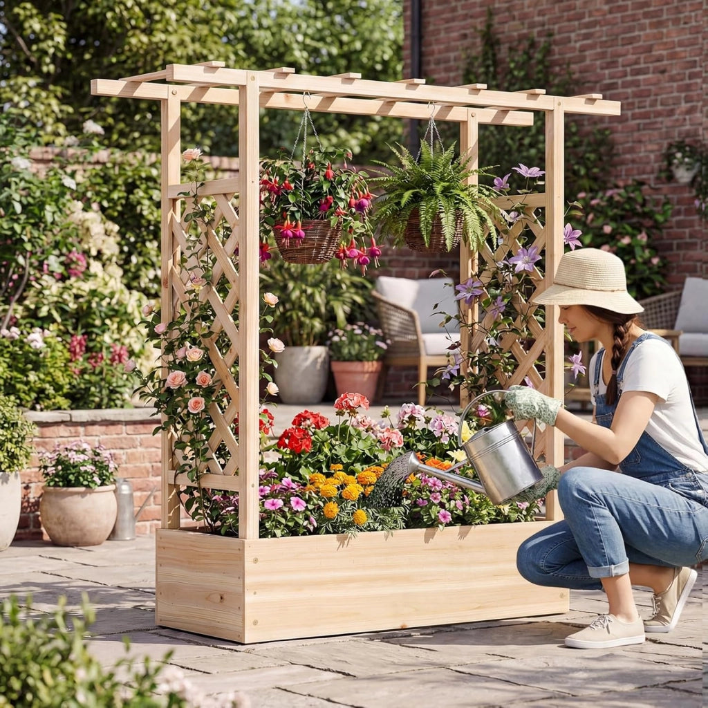 Fioriera Rialzata con Grigliato, Letto da Giardino Rialzato in Legno con Traliccio, Tetto e Fori di Drenaggio, Aiuola Elevata per Piante Rampicanti, Viti e Fiori (Naturale,110 x 35 x 114 cm)