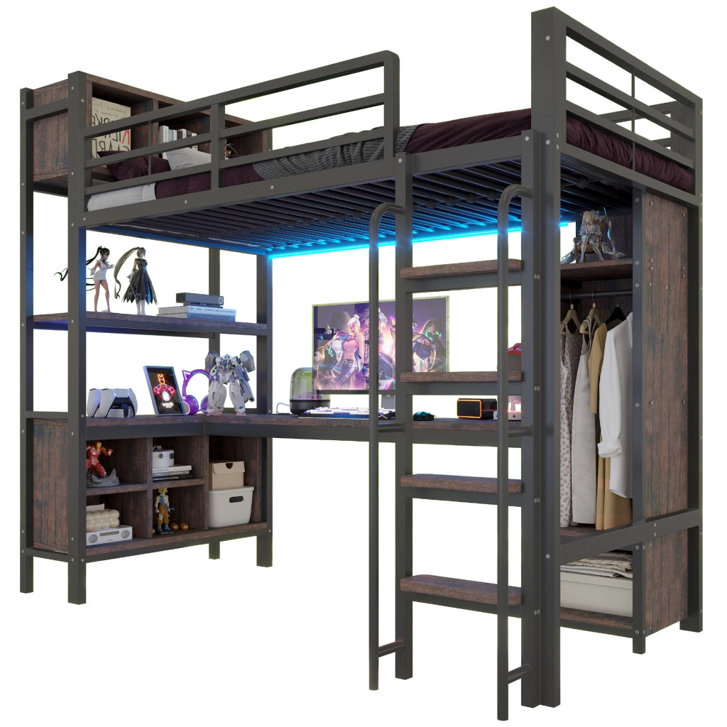 Letto a soppalco singolo 90 × 200 cm con scrivania, armadio, prese e led, senza materasso, metallo nero