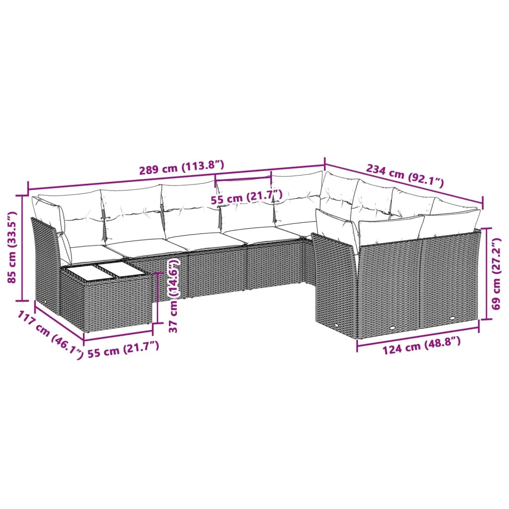 Set Divano Giardino 10 pz con Cuscini Grigio Chiaro Polyrattan