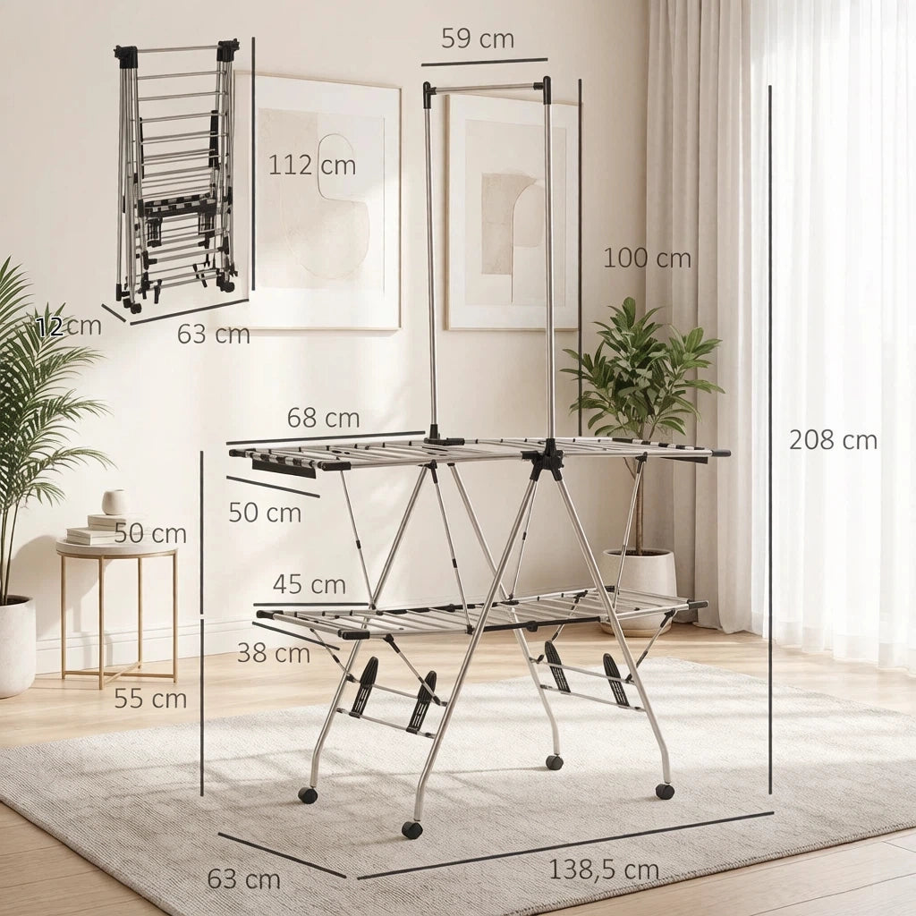 Stendibiancheria pieghevole con ruote, stendibiancheria mobile, supporto per asciugatura versatile, spaziosa torre per la biancheria
