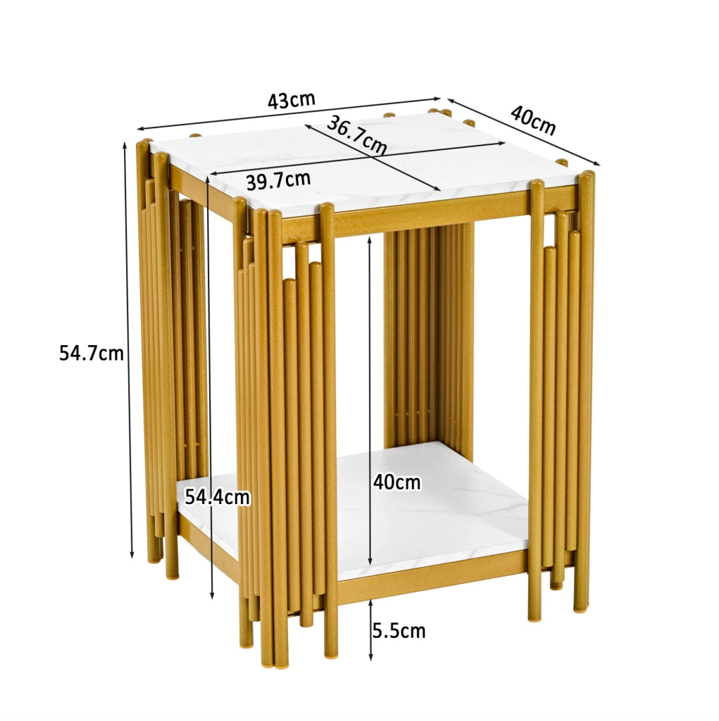 Tavolino con 2 ripiani in MDF effetto marmo e metallo; bianco e oro