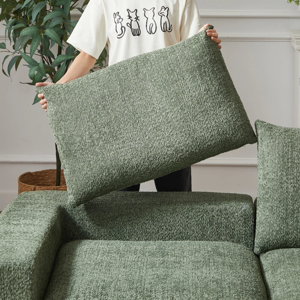 Divano angolare modulare in ciniglia con chaise longue reversibile, cuscini per il collo e verde 251 × 160 × 81 cm