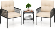 3 Pezzi Set di Mobili da Esterno in Rattan PE, con Tavolino in Vetro Temperato, Cuscini per Schienale e Seduta, Set da Conversazione per Giardino, Veranda, Cortile e Piscina, Beige e Nero