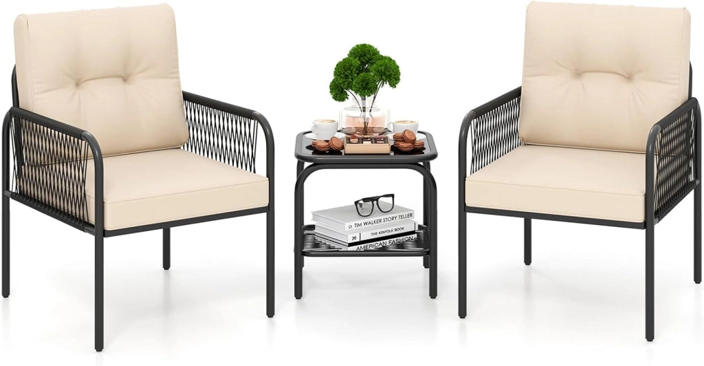 3 Pezzi Set di Mobili da Esterno in Rattan PE, con Tavolino in Vetro Temperato, Cuscini per Schienale e Seduta, Set da Conversazione per Giardino, Veranda, Cortile e Piscina, Beige e Nero