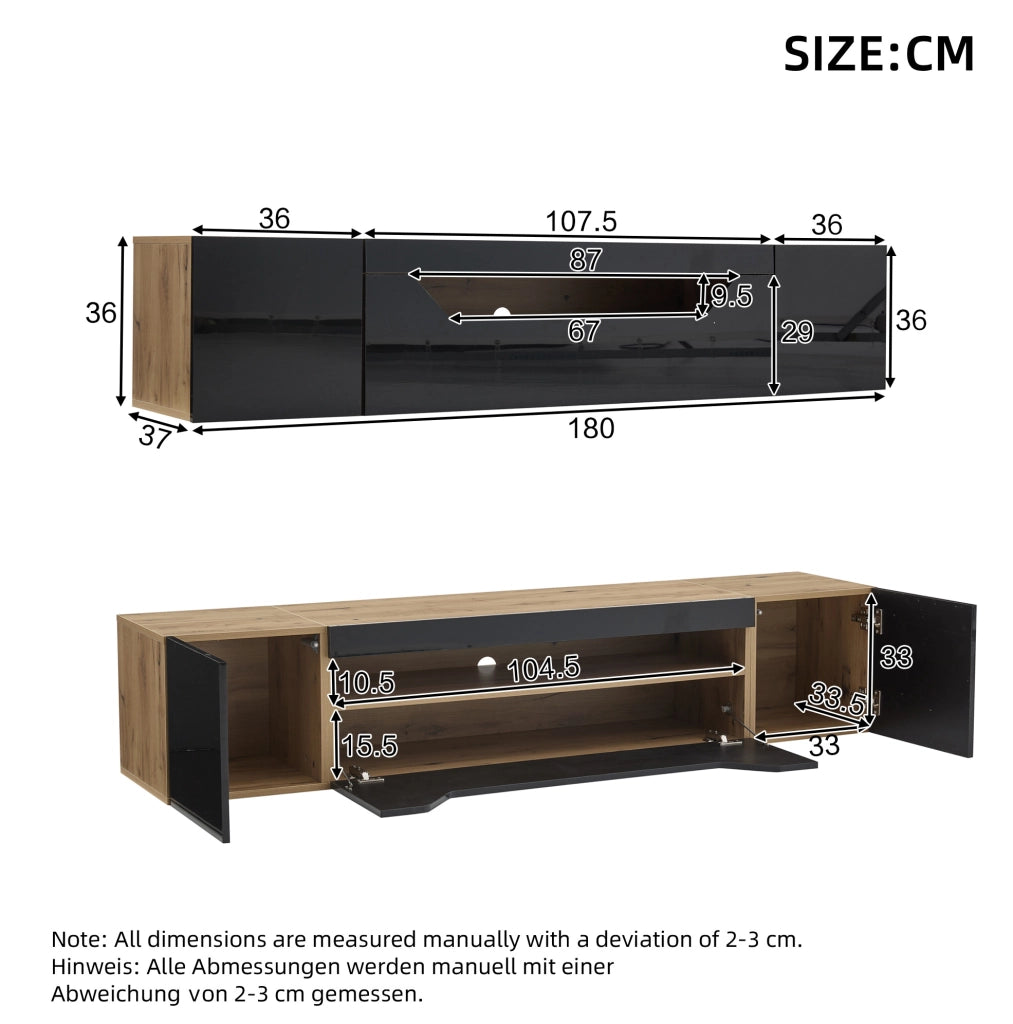 Mobile TV sospeso 180x37x36 cm con LED e 3 vani in pannello truciolare nero e naturale