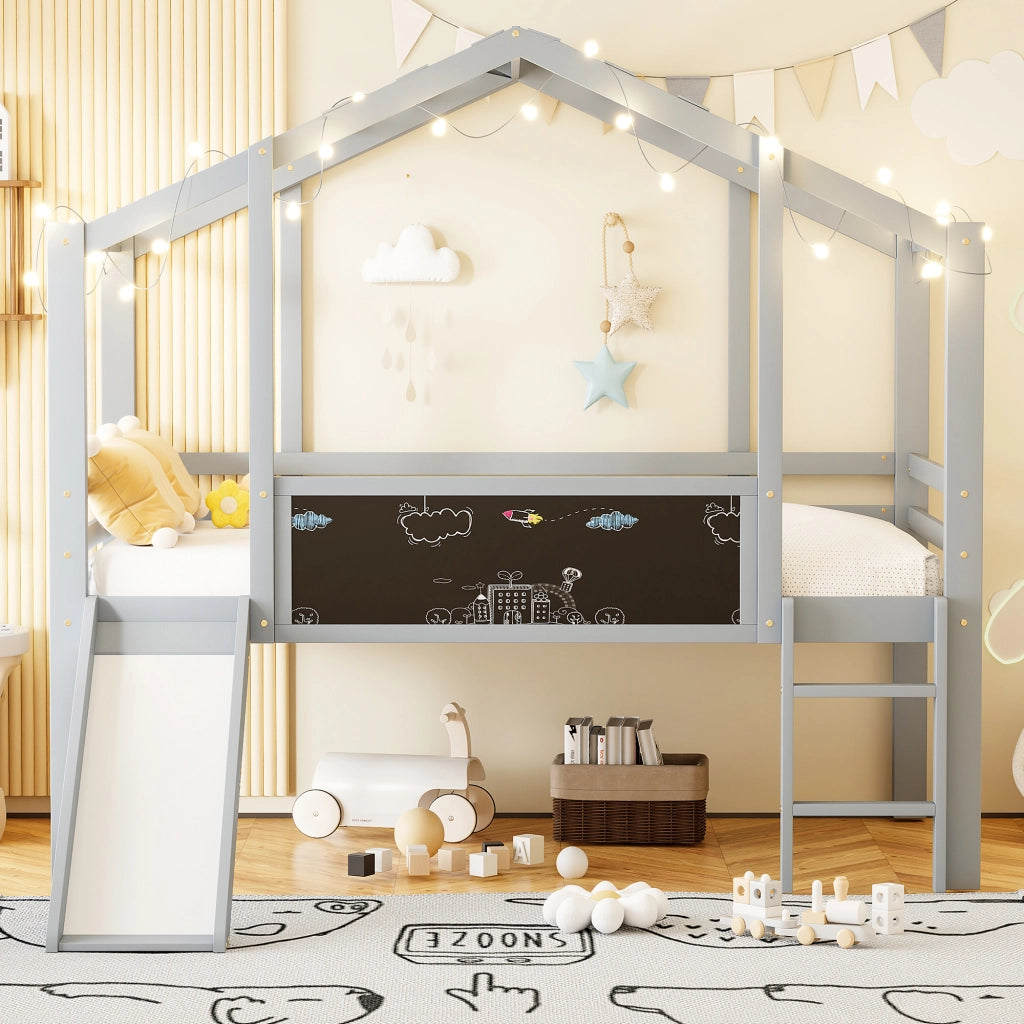 Letto a castello in legno massello grigio con scivolo e lavagna integrata 90x200 cm