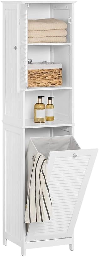 Mobile Bagno Colonna Salvaspazio con Portabiancheria Armadietto Alto e Stretto per Ambienti Compatti, Mobiletto con Ripiani, Mobile Multiuso Grigio 40x170x38 cm BZR124-DG