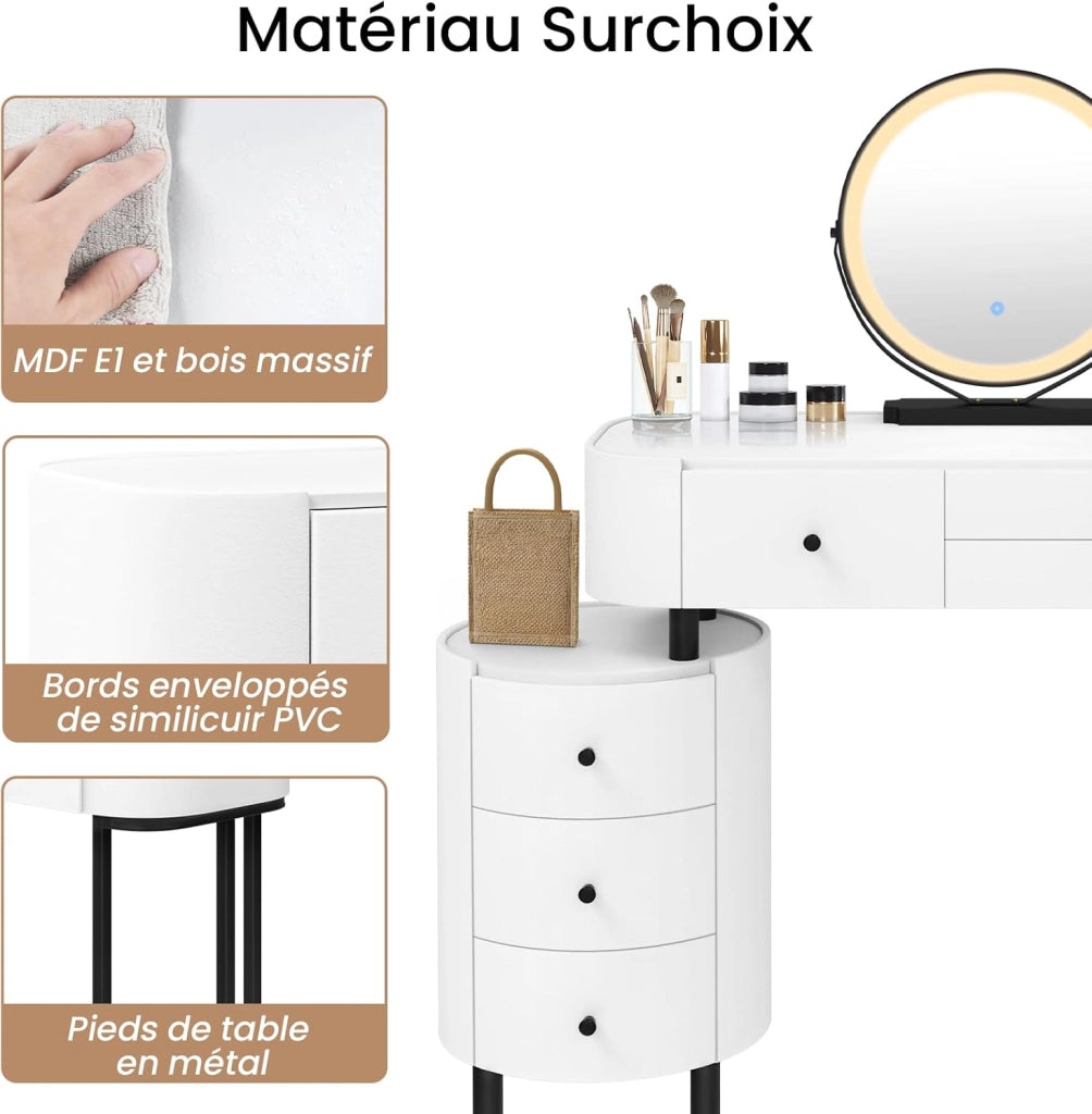 WOLTU Toeletta con Illuminazione a Led e Specchio, Postazione da Trucco con 3 Cassetti in Legno Massiccio, 1 Mobile Laterale Flessibile, Piano Lucido, Bordo in PVC, Facile da Montare, Moderno, Bianco