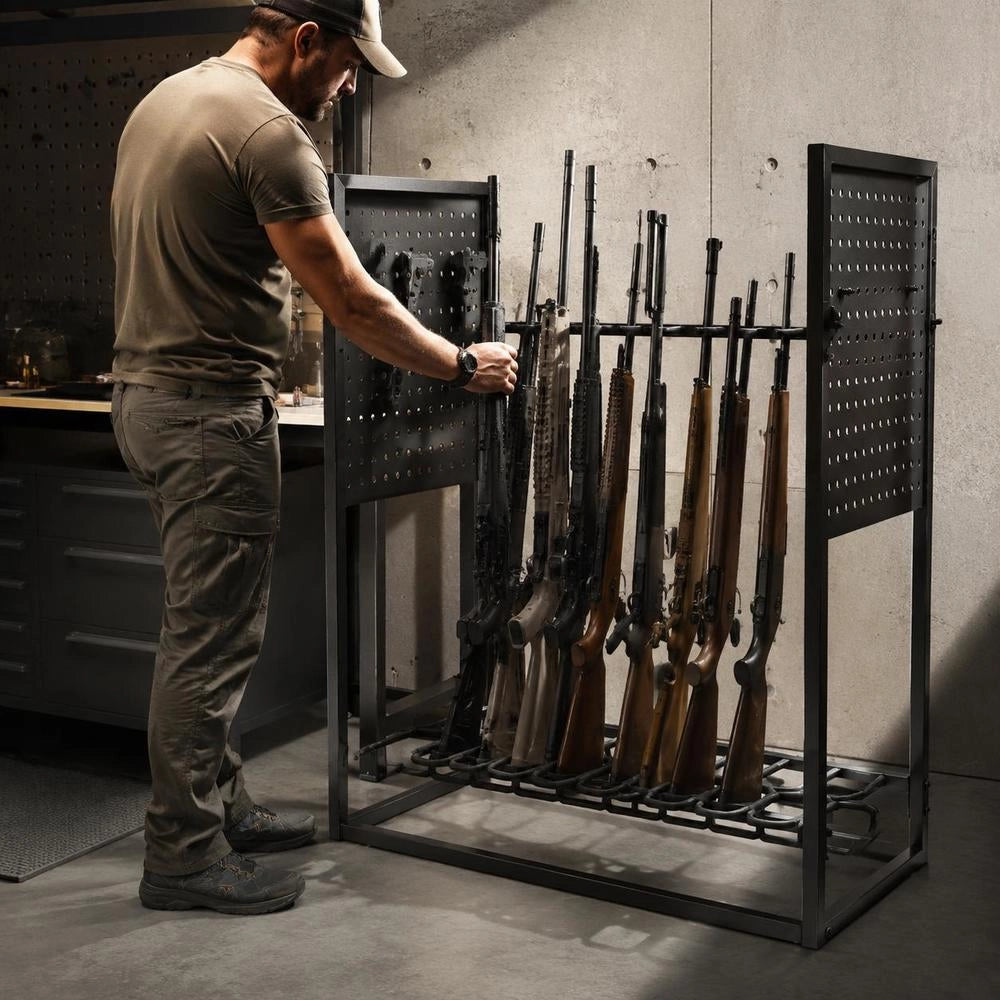 Gun Rack, Floor Standing, Indoor Heavy Duty Steel Rifle Shotgun Rack Stand, Freestanding Gun Display Storage With Magazine Holder, Holds Up To 9 Rifles And 4 Pistols, For Home Garage Storage