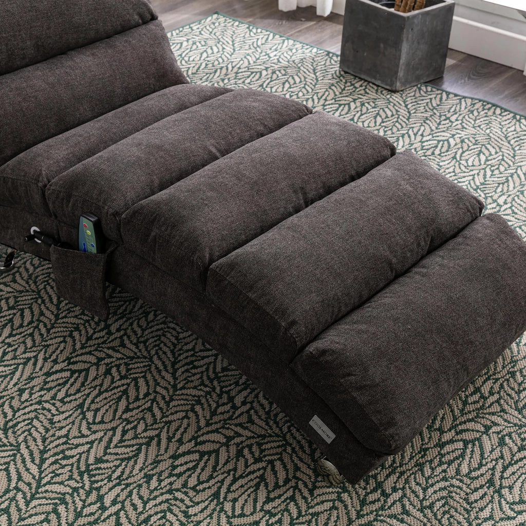Chaise longue relax con vibrazione; schienale ergonomico 140°; in lino grigio scuro; 55x148x84 cm