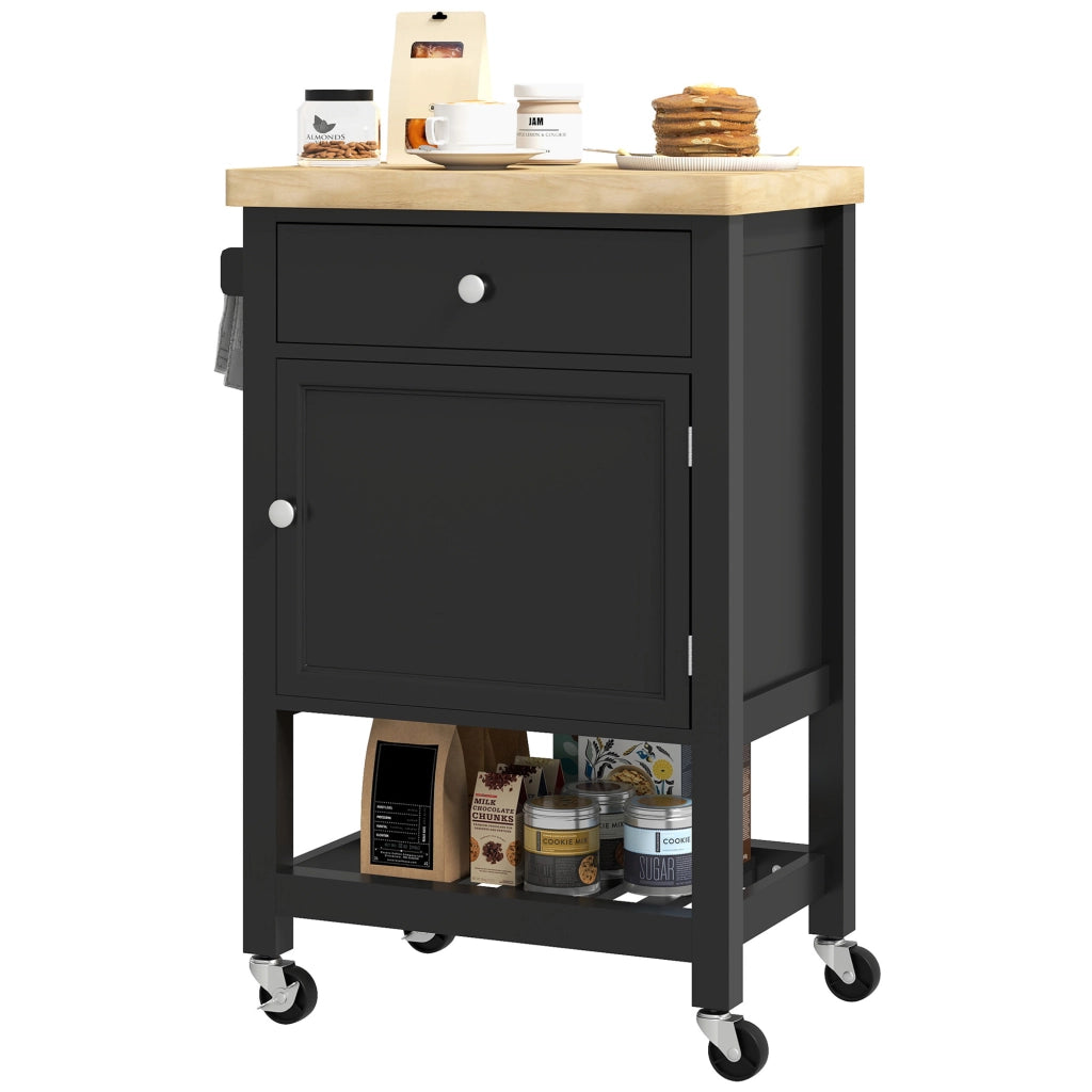 Carrello da cucina con ruote ¨C Xylo ¨C legno massello, cassetto, 63,5x40x90 cm, nero