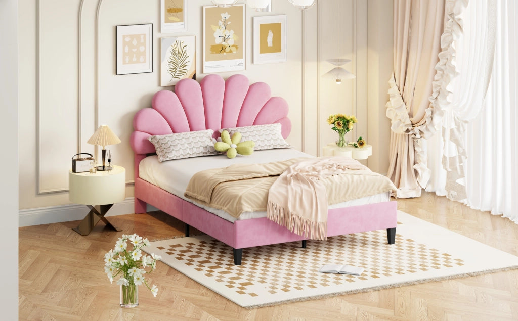 Letto matrimoniale imbottito 140x200 cm; testiera floreale; velluto rosa (Senza materasso)