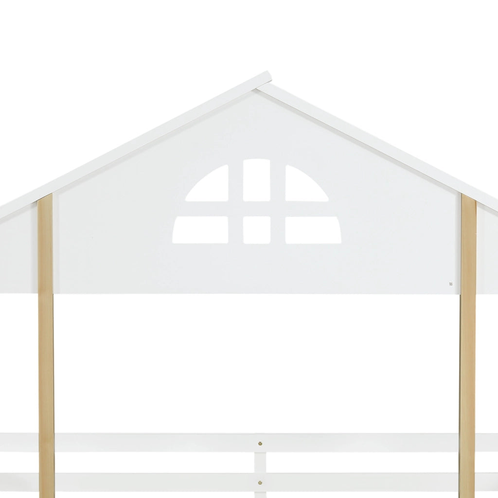Letto a castello con finestra; scivolo e scala angolare 90x200 cm; bianco e naturale