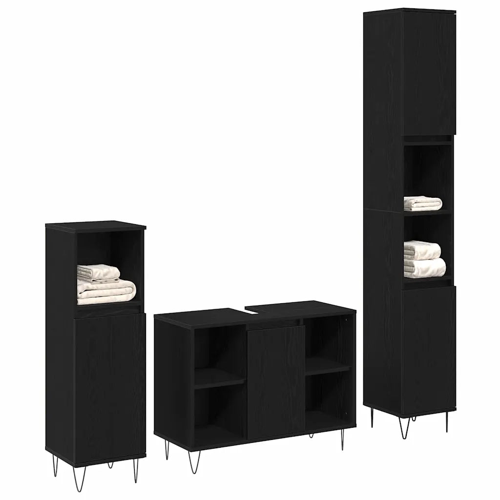 Set di mobili per il Bagno | Armadio da bagno 3 pz Rovere Nero Legno multistrato