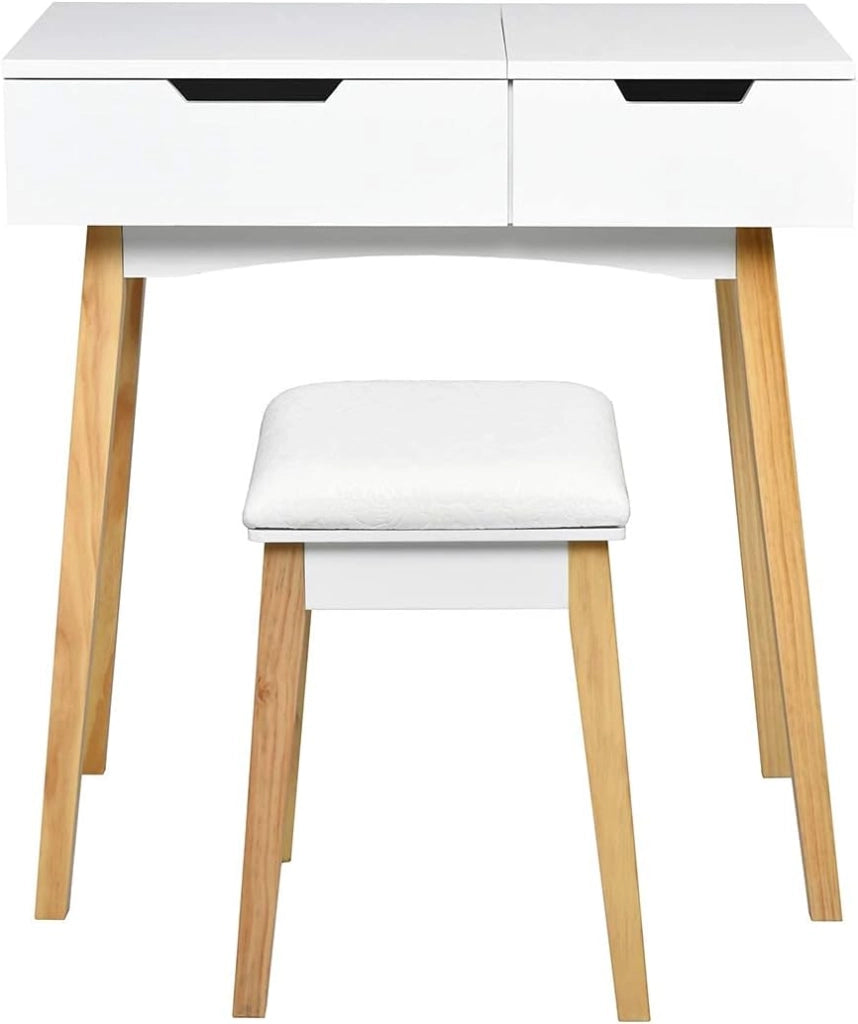 Tavolo da toeletta con sgabello e specchio pieghevole, in legno con cassetto, facile da montare per camera da letto, bagno, bianco