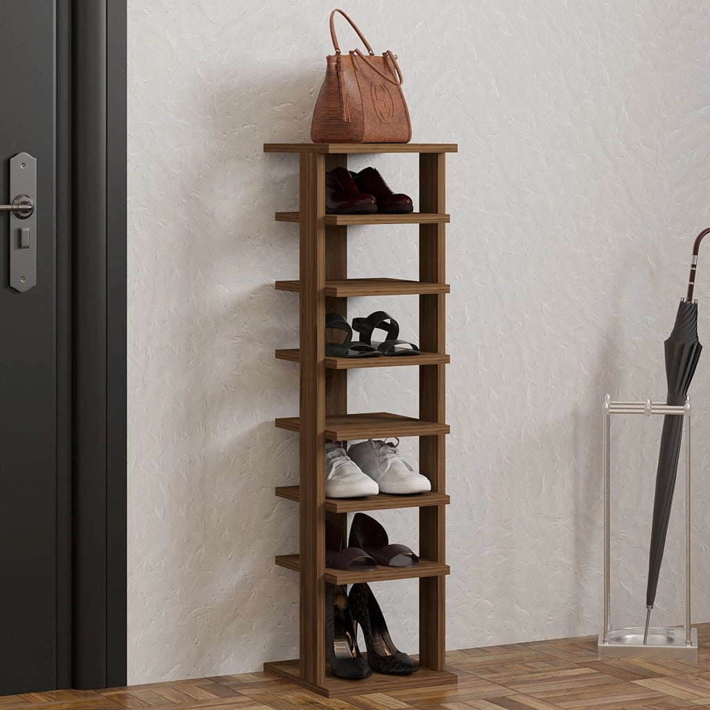 Mobile Portascarpe Soddi, Scarpiera 8 Paia, 30x30x110h cm Marrone Noce
