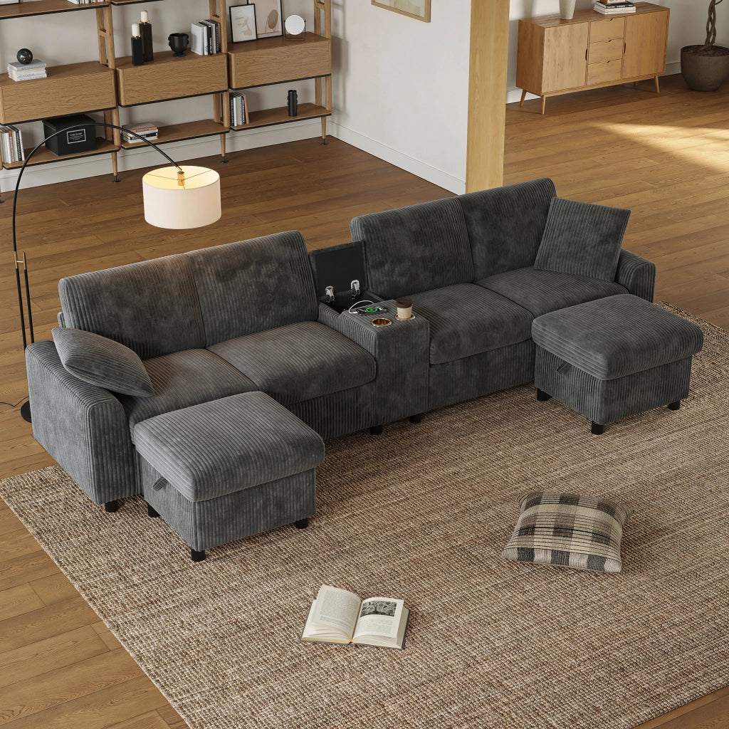 Divano U angolare in velluto a coste ¨C MINIMAL ¨C grigio, con pouf contenitore, tavolino, portabicchieri, USB e prese, 315x135x81 cm