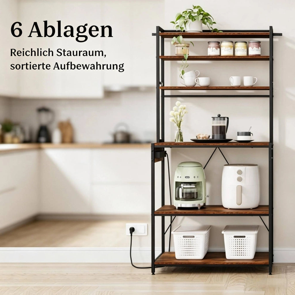 Scaffale cucina con prese, 6 ripiani e ganci, marrone rustico