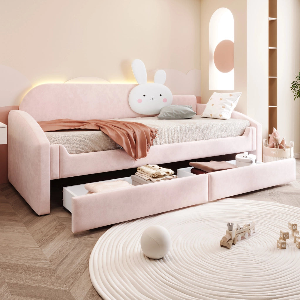Letto imbottito 90x200 cm con LED e cassetti in velluto rosa