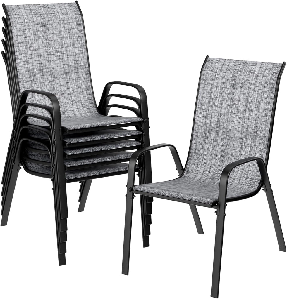 Sedia da giardino impilabile, da campeggio, impilabile, con schienale alto, in acciaio textilene, per giardini, cortili, balconi, ristoranti, 150 kg, portata: 54 x 69 x 93 cm 6pcs Lino grigio