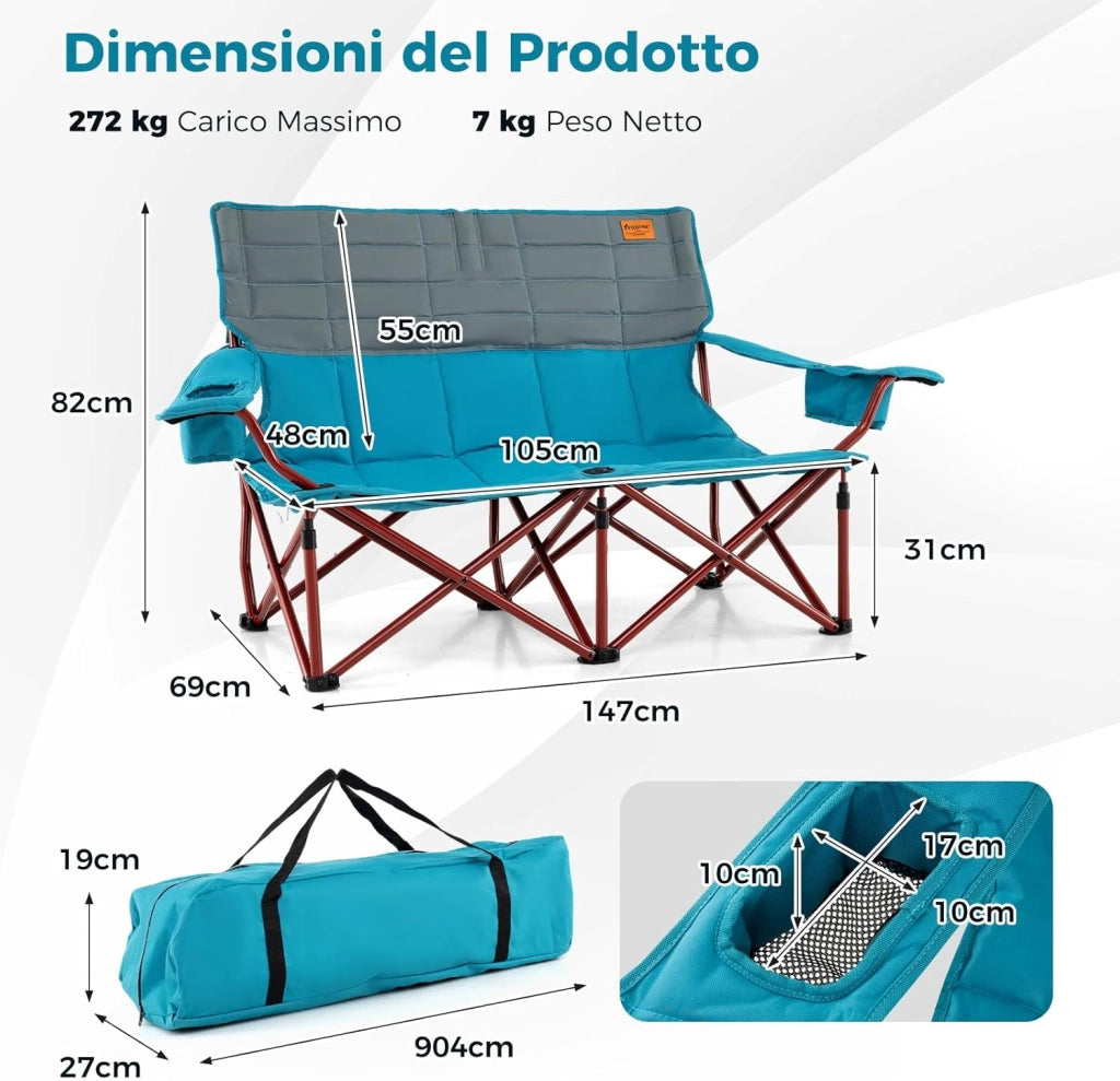 Sedia da Campeggio per 2/3 Persone, Divano per Picnic Pieghevole con Braccioli Regolabili e Portabicchieri, Sedia da Esterno Portatile con Borsa da Trasporto (147 x 69 x 82 cm,Blu)