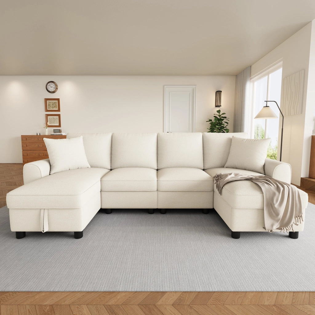 Divano panoramico a U modulare con contenitore e cuscini in chenille beige 280 × 137 × 84 cm