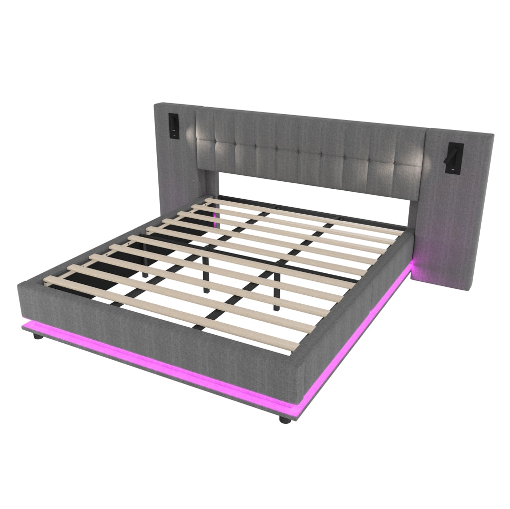 Letto imbottito 180x200 cm con LED; spot e USB in lino grigio