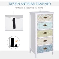 Cassettiera Mobiletto Vintage con 5 Cassetti Stile Shabby Bagno, Ingresso, Camera 46 × 34 × 97.5cm Bianco