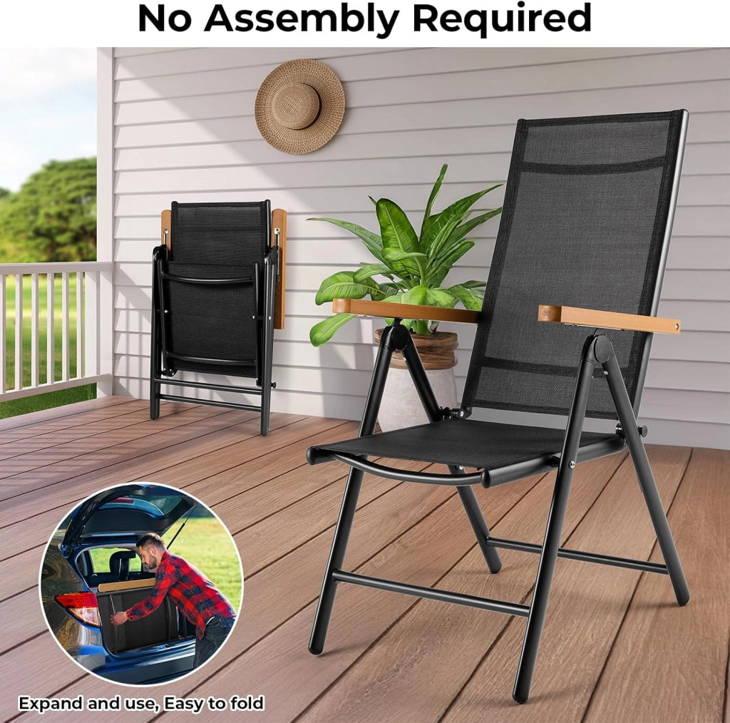 Set di 4 Poltrone da Giardino con Bracciolo Simil Legno, Pieghevole in Alluminio con Schienale Alto Regolabile in 7 Posizioni, per Balcone o Campeggio, Traspirante.