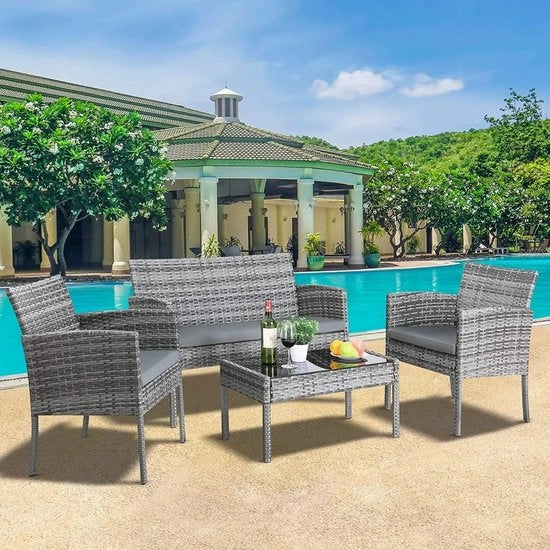 Set di relax per esterni - 2 poltrone - 1 tavolo con piastra vetrata rimovibile - Cuscini di supporto - Per giardino, terrazza, balcone - Altezza del sedile 45