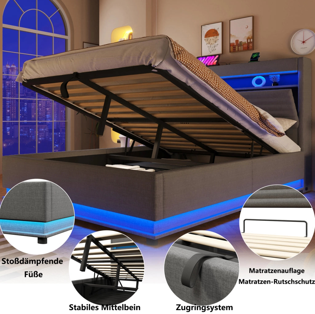 Letto imbottito 140x200 con LED, vano contenitore idraulico e porte USB/Type-C