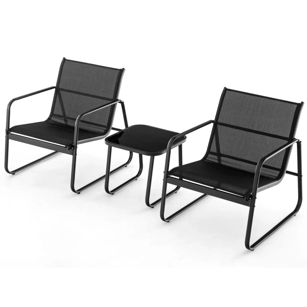 Set di 3 mobili da giardino in metallo 77 x 61 x 75 cm seduta ergonomica pratico tavolino in textilene nero 20_0013430