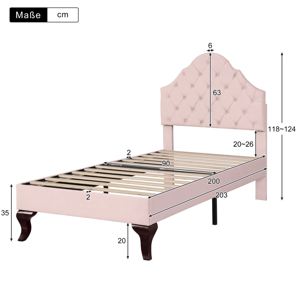 Letto imbottito 90x200 cm con rete a doghe e testiera regolabile in altezza; velluto rosa