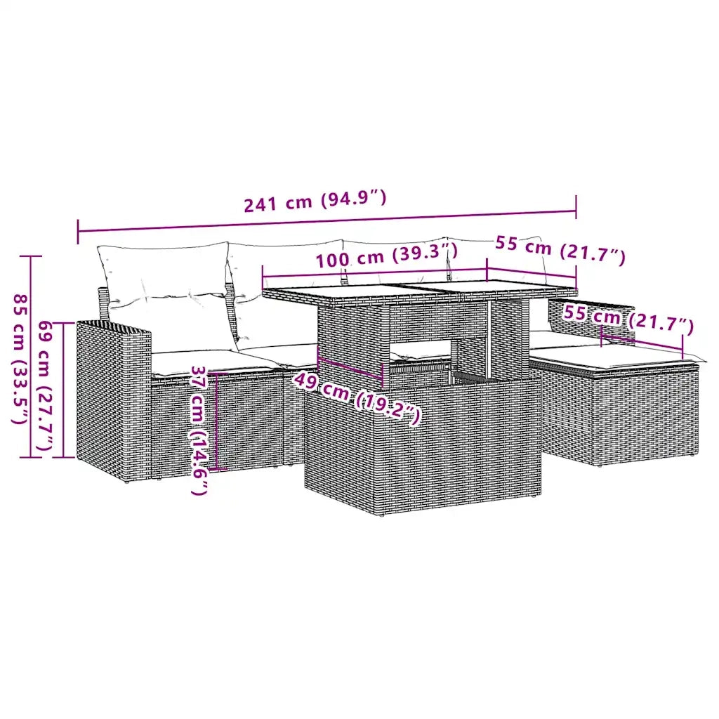 Set Divano da Giardino 6pz con Cuscini Grigio Chiaro Polyrattan
