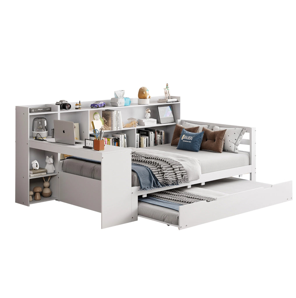 Letto multifunzione in legno 90 x 200 cm con letto estraibile, scrivania e presa