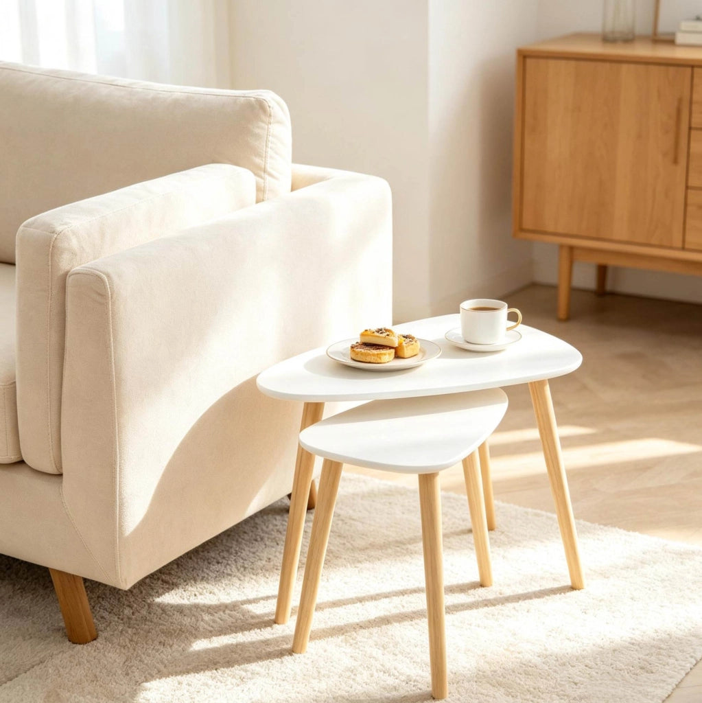 Set di 2 tavolini da caffè nesting triangolari in MDF e legno di pino bianco e naturale