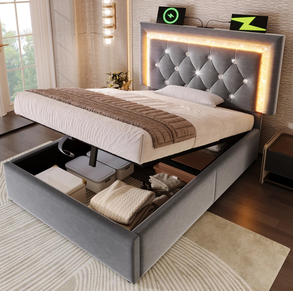Letto singolo imbottito 90x200 cm con contenitore; LED; USB C e USB; velluto grigio